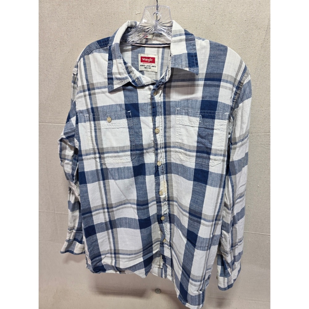 Wrangler Mens Blue White Plaid Cotton Button Down Shirt Size Medium 2891